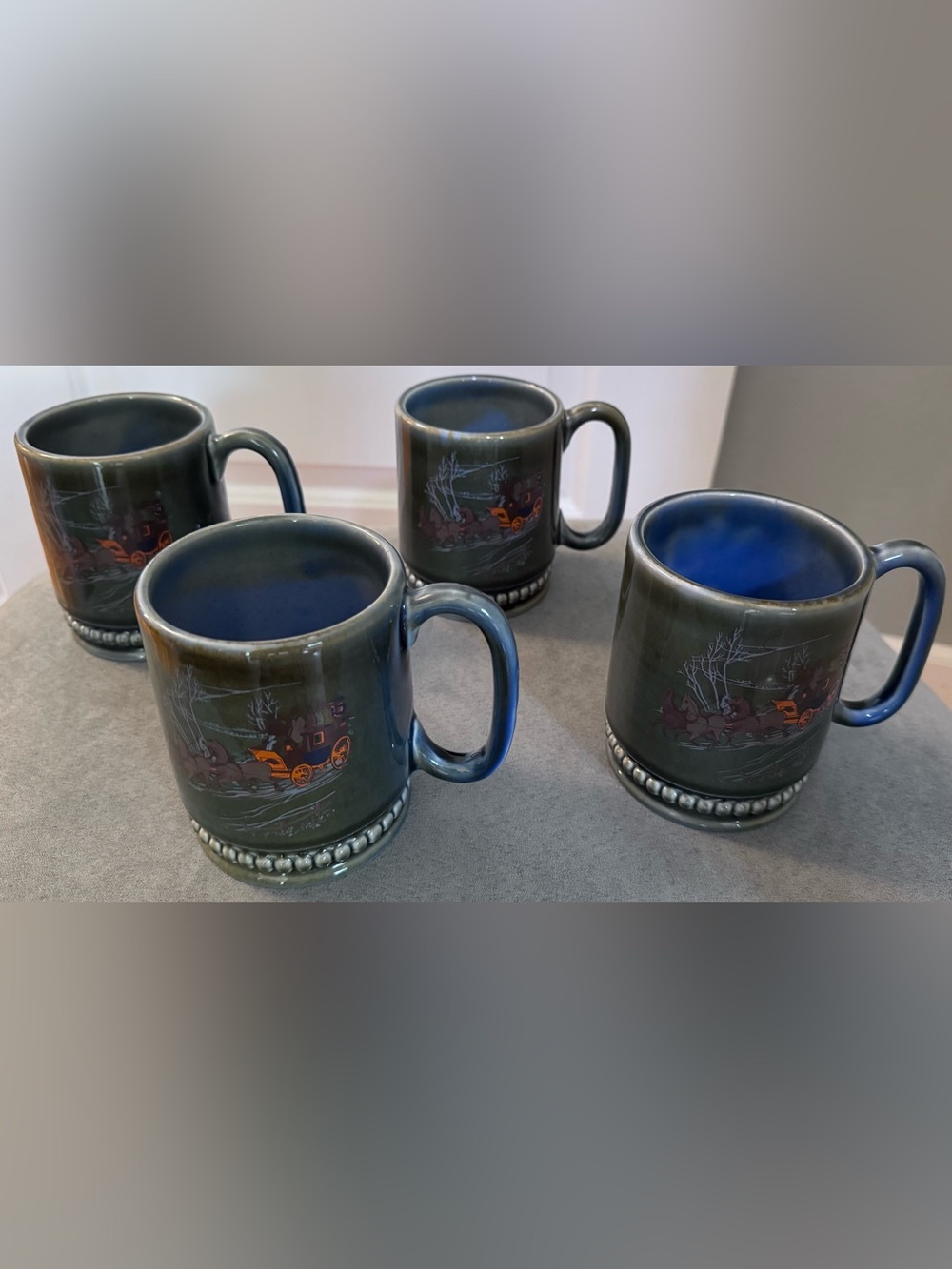 Blue-Gray Irish Porcelain Mugs with Carriage Motif - Set of 4